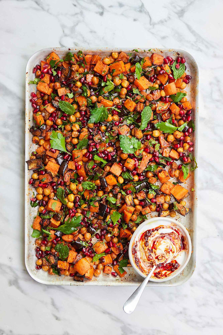 Harissa Aubergine, Sweet Potato & Chickpea Traybake